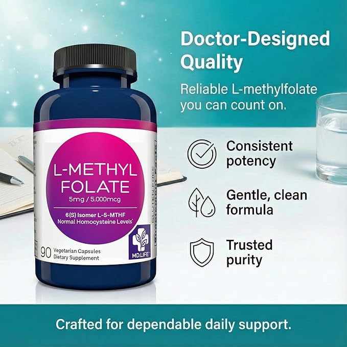 MD Life L-Methylfolate 5mg - Professional-Grade Active Methylfolate Supplement - Maximum Potency MTHFR Supplements - L methylfolate 5mg 90 Capsules - Essential Amino Acids
