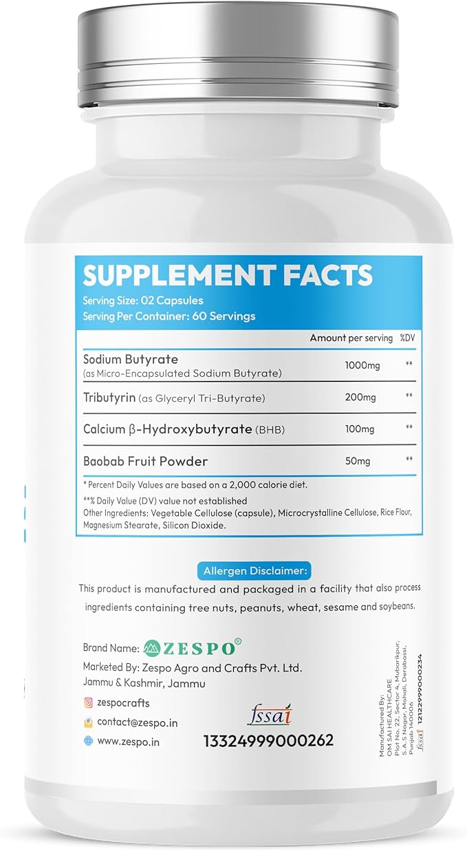 Zespo Sodium Butyrate 1000 mg (1350 mg Advanced Complex) – Micro-Encapsulated Butyrate with Tributyrin, Calcium BHB & Baobab 120 Vegan Capsules (60 Servings)