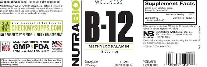 NutraBio Methyl B-12 Vitamin Supplement, 2000mcg – Promotes Cellular Health and Wellness, 90 Vegetable Capsules