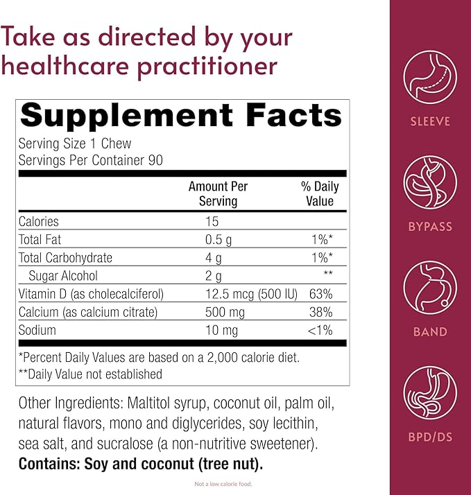 Bariatric Advantage Calcium Citrate Chewy Bites 500 mg - Highly Absorbable & Digestible - Vitamin D3 - Easily Chewable Calcium Supplement - Coconut Flavor - 90 Count