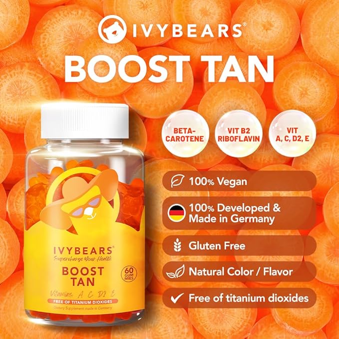 IvyBears Glow Tanning Gummies - Beta Carotene, Vitamin A, C, D2 & E - [AI Tanning Specialist ADA] Supports Healthy Tan & Glow - Vegan & Made in Germany - Pack of 60 - Boost Tan