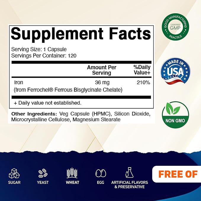 Vitamatic Chelated Iron 36 mg (from Ferrochel® Ferrous Bisglycinate Chelate) – Non-Constipating - 120 Veg Capsules - Non GMO, Gluten Free, Made in USA