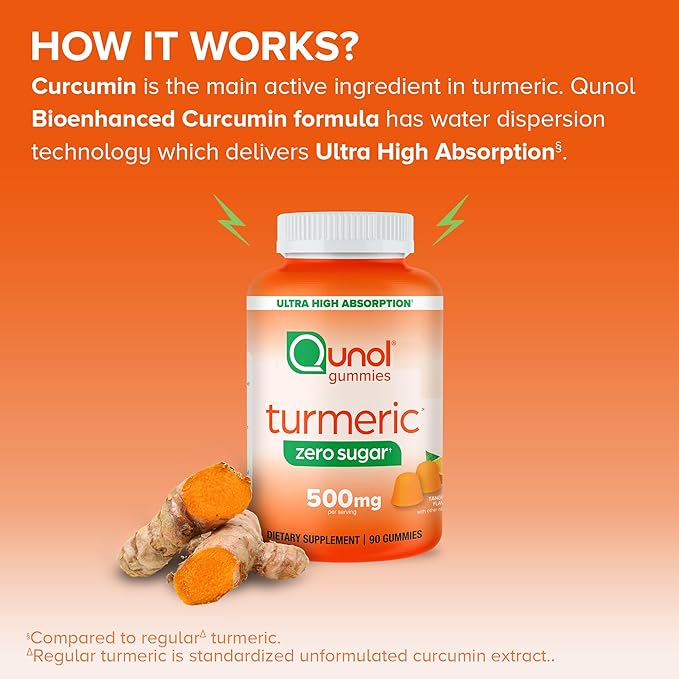 Qunol Zero Sugar Turmeric Gummies, Gummy with 500mg Turmeric Curcumin, Joint Support Supplement, Ultra High Absorption Turmeric Curcumin, Vegetarian, Gluten Free, 90 Count