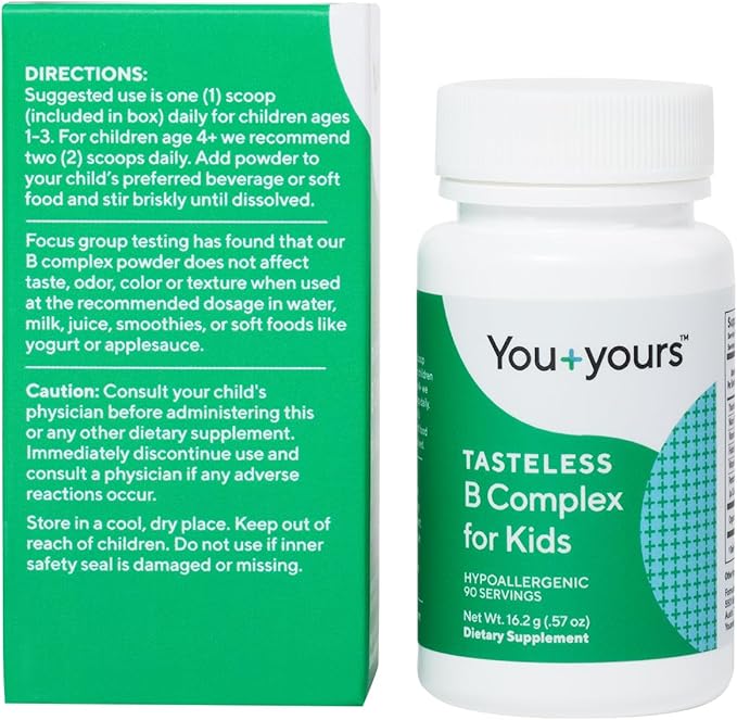 Tasteless B Complex Powder for Kids- B1, B3, B5, B6, Methylfolate and Methyl B12. No Sweeteners, Flavors, Colors or Preservatives. Add to Beverages or Food.