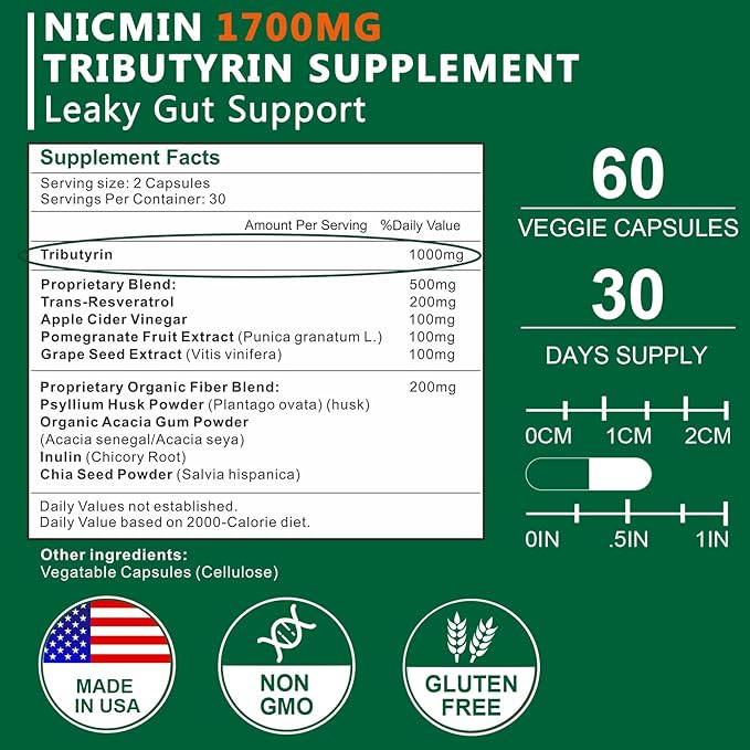 Tributyrin Supplement - Premium Butyrate Gut Health Supplement for Leaky Gut 180 Capsules