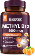 Vitamin B12 Sublingual, Methylcobalamin 5000mcg for Energy Production, Energy, Nerve & Cell Support, Natural Peach Flavor, Vegan, Zero Sugar, 60 Fast Dissolve Tablets