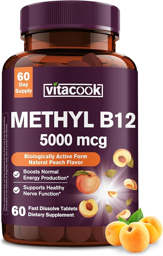 Vitamin B12 Sublingual, Methylcobalamin 5000mcg for Energy Production, Energy, Nerve & Cell Support, Natural Peach Flavor, Vegan, Zero Sugar, 60 Fast Dissolve Tablets