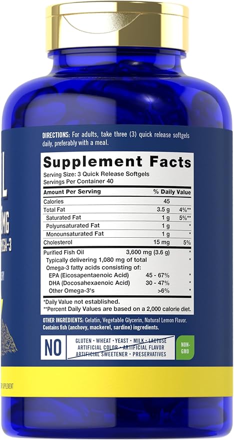 Carlyle Fish Oil 3600mg | 1080mg Omega 3 | 120 Count | Non-GMO and Gluten Free Supplement