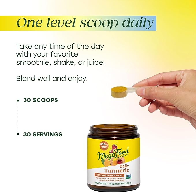 MegaFood Daily Turmeric Powder - Nutrient Booster - Turmeric Supplement with Black Pepper Extract, Vitamin C, Tart Cherry & Holy Basil Leaf, Vegan, Non-GMO, 2.08 Oz (30 Servings)