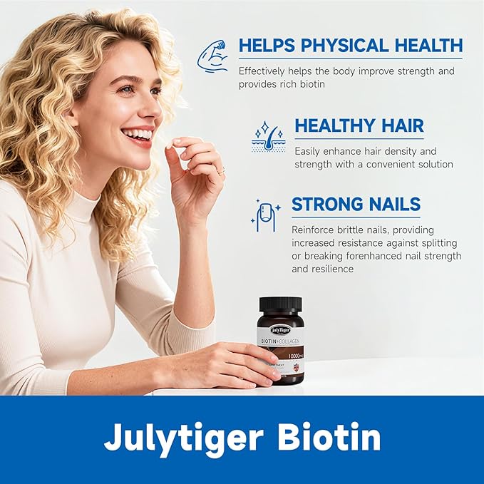 julytiger Biotin 10,000mcg with Collagen Supplement, Biotin (Vitamin B7) for Healthy Skin and Nails,biotin Collagen peptide, for Women and Men - Vegan, Non-GMO, Gluten & Soy-Free - 60 Tablets