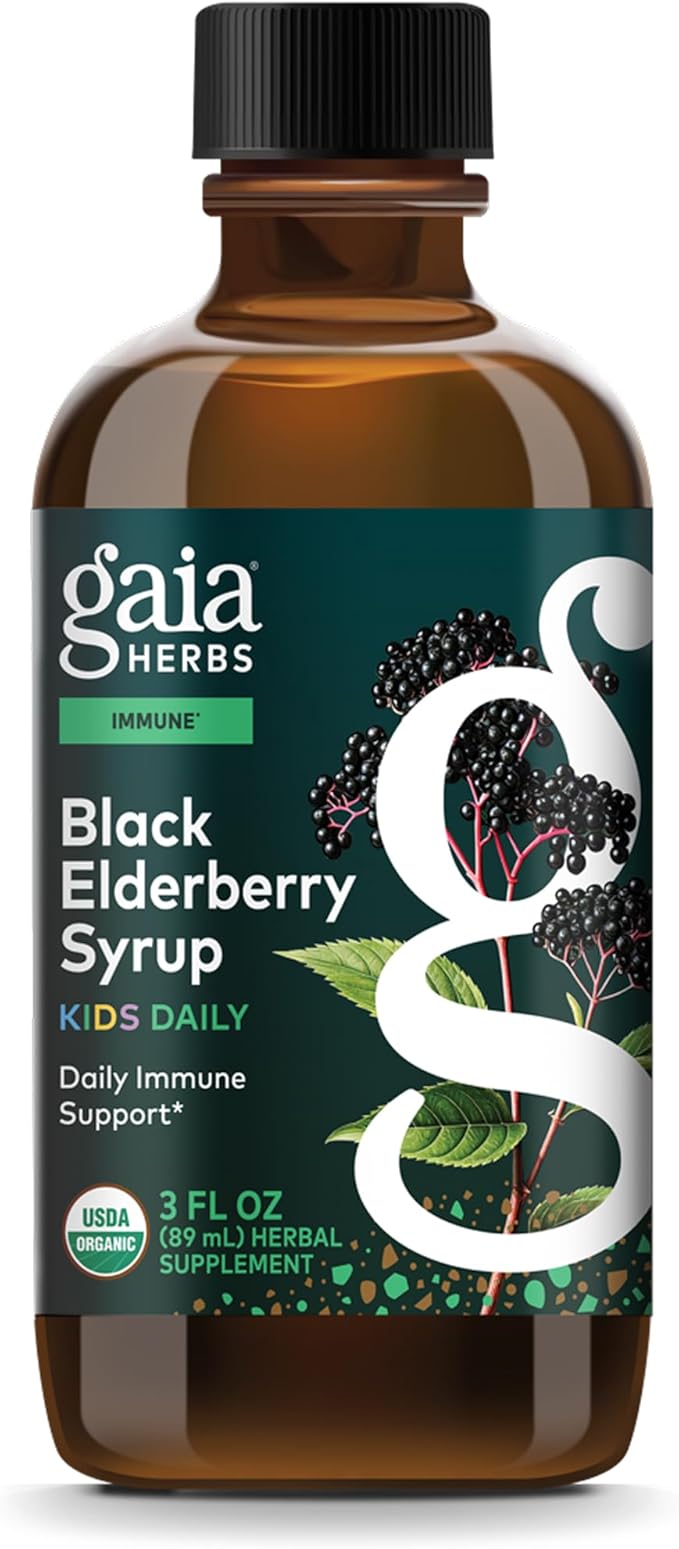 Gaia Herbs Black Elderberry Syrup Kids Daily - Delicious Immune Support Supplement for Kids* - Organic Black Elderberries & Honey - USDA Certified Organic Syrup - 3 Fl Oz (About 18 to 26 Servings)