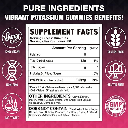 2 Pack Potassium Citrate Gummies, High Potassium Supplement (1000mg), Supports Leg Cramps & Muscle Health, Suitable for Adults & Kids, Vegan, Non-GMO, 120-Count