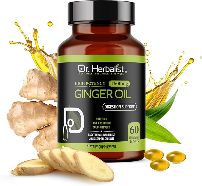 Dr. HERBALIST Ginger Oil Capsules 1600mg - Cold Pressed Zingiber Officinale with Gingerols & Shogaols | Supports Digestive Comfort & Joint Wellness* | Halal | 60ct