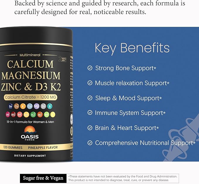 Calcium 1200 mg with Vitamin D3 Gummies, Calcium Citrate Supplements for Women & Men with Magnesium, Zinc, Vitamin D3 & K2, Potassium, Chews for Bone Strength & Muscle Support, Sugar Free, Vegan