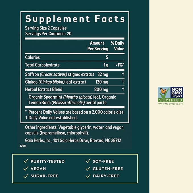Gaia Herbs Nootropic Focus - Brain & Cognitive Support Supplement to Help Maintain Healthy Concentration* - with Saffron, Lemon Balm & Spearmint - 40 Liquid Phyto-Capsules (20 Servings)