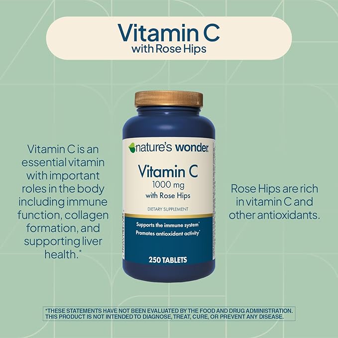 Nature's Wonder Vitamin C 1000 mg with Rose Hips Tablets for Immune Health, 250 Servings, 250 count