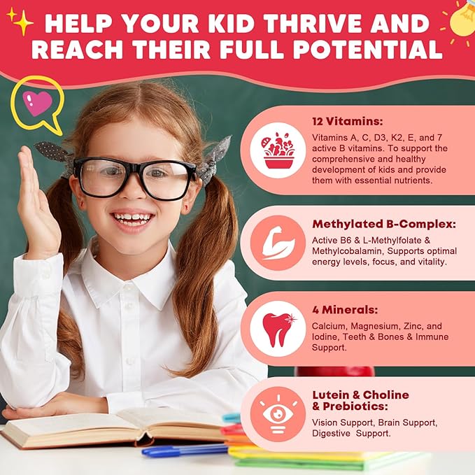 (2 Pack) Sugar Free Calcium Multivitamin Gummies for Kids with Methyl B12 & Methylfolate, Calcium, Vitamins C, D, A, B1, B2, B6, Biotin, Magnesium - Nutritional, Immune, Bone Support, 120 Ct