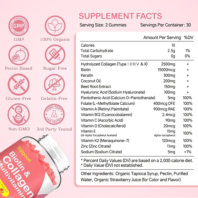 2 Pack Multi Collagen Peptides Gummies for Women & Men, Ultra Hydrolyzed Protein Type I II III V X with Biotin, Hyaluronic Acid & Vitamin C D K2 B12 A E for Skin Hair Nails, Bone, Sugar Free 120Cts