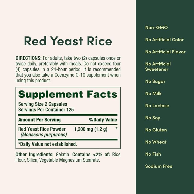 Nature's Bounty Red Yeast Rice, Herbal Supplement, 600mg, 250 Capsules (Pack of 2)