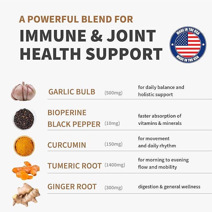 4-in-1 Turmeric Joint Support Supplements with Garlic and BioPerine - 2360 mg High Potency Herbal Blend for Mobility, Everyday Flexibility, Digestive Comfort, Active Aging Support (120ct, Pack of 3)