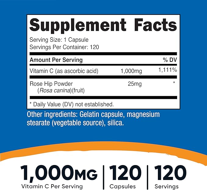 Nutricost Vitamin C with Rose Hips 1025mg, 120 Capsules - Vitamin C 1000mg, Rose Hips 25mg, Premium, Non-GMO, Gluten Free Supplement (Pack of 2)