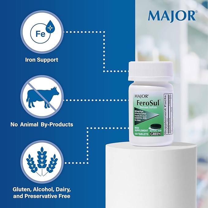 Major Ferosul - Ferrous Sulfate 325mg Tablets with 65mg of Elemental Iron - Iron Supplement for Women, Men - Green - 100 Count (3 Pack)