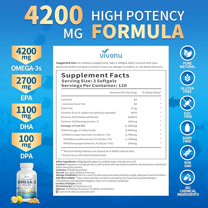 VivoNu Triple Strength Omega 3 Fish Oil - 4200mg, 360 Softgels | Enteric-Coated for No Fishy Aftertaste | Wild-Caught | Third-Party Tested