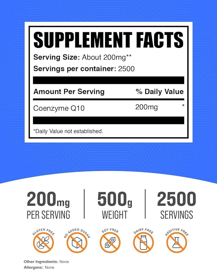 BulkSupplements.com Coenzyme Q10 Powder - Coenzyme Q10 200mg Supplement, Nutritional Supplement - Gluten Free, 200mg per Serving, 500g (1.1 lbs) (Pack of 1)