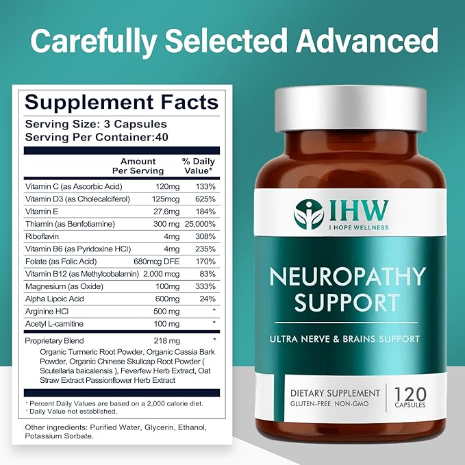 IHW Nerve Savior for Neuropathy, 120 Capsules Neuropathy Supplements, with 600 Mg Alpha Lipoic Acid & B Vitamins, Fortifying Nerves in Fingers, Hands, Toes, & Feet, Peripheral Relief Support