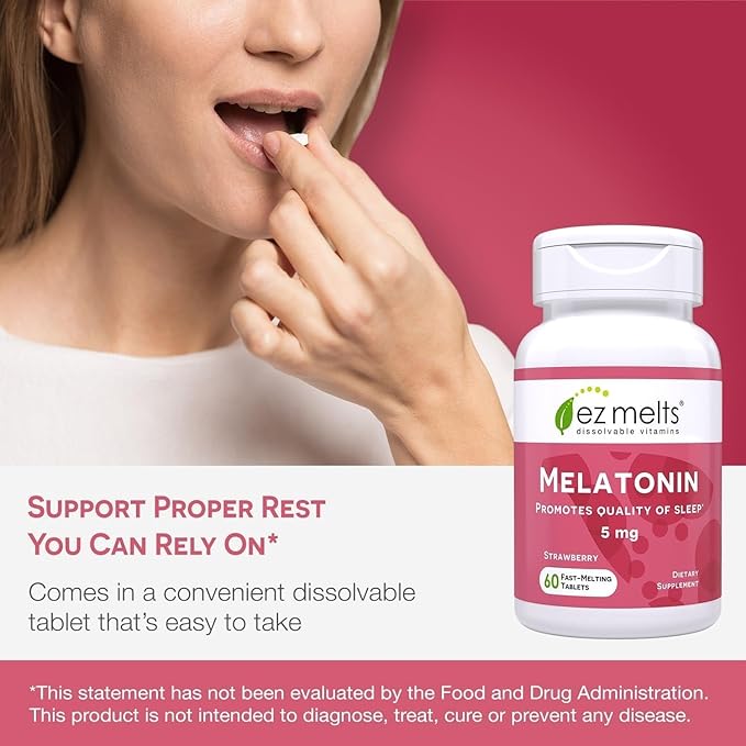 EZ Melts Melatonin - Sleep Support Supplement - No Artificial Flavors - Non-GMO & Sugar-Free - Strawberry - 60 Dissolvable Tablets (60 Servings)