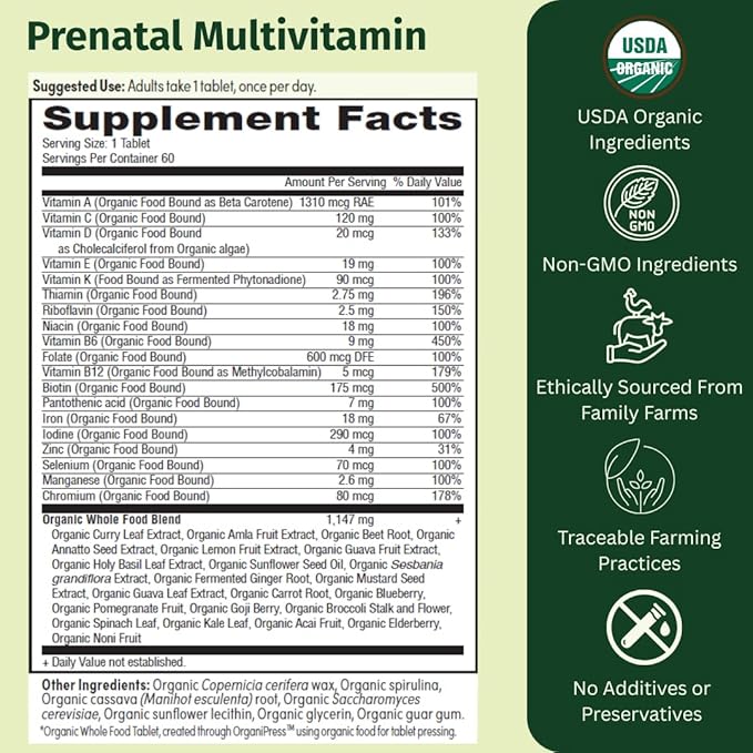 Prenatal Once Daily Multivitamin for Women for Conception, Pregnancy, Postpartum & Breastfeeding, Folate, Iron & Organic Whole Food Blend, Vegan, 60 Count