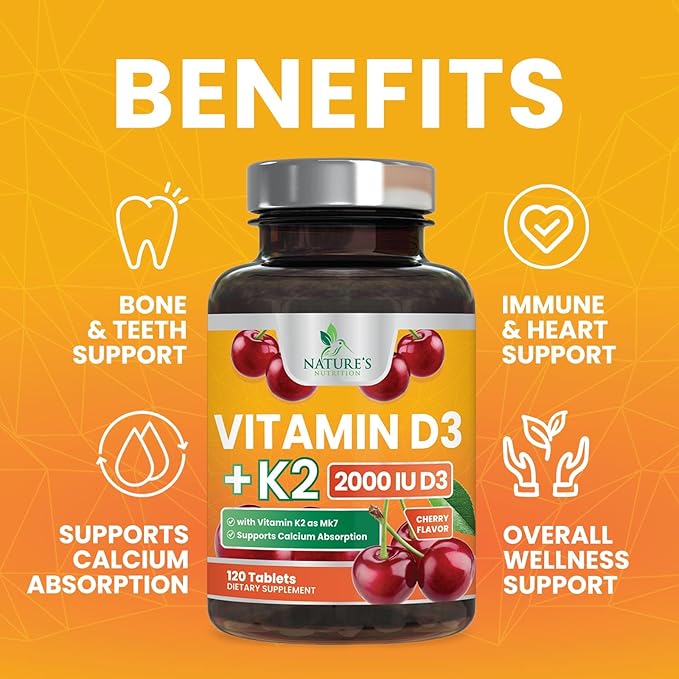 Vitamin D 2000 IU 50mcg Per Tablet - Vitamins D3 & K2 (MK7) Complex Supplement for Bone, Teeth, Muscle, Calcium Absorption, Supports Immune & Heart Health, Chewable Formula USA Bottled - 120 Tablets