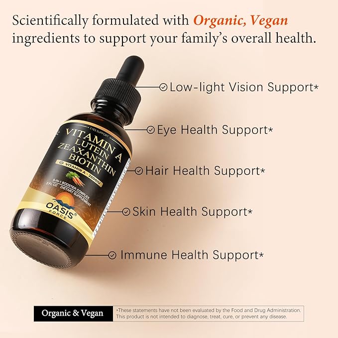 6 in 1 Vitamin A Liquid Drops with Lutein & Zeaxanthin, Vita A Retinyl Palmitate for Skin, Vision & Immune Support, Adults & Kids Ages 6+, Vegan, Non-GMO, 2 Fl Oz