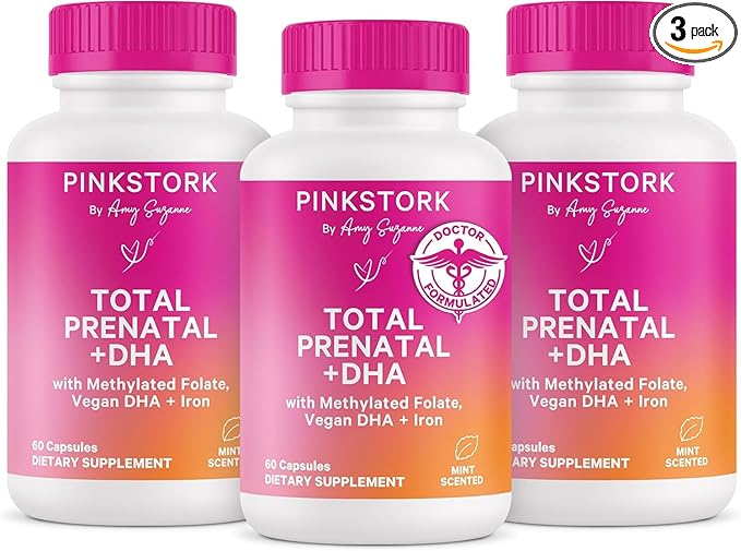 Pink Stork Total Prenatal Vitamins with DHA, Folate, Iron, Choline, and Vitamin B12 - Preconception Nutrition - Prenatals for Women, Pregnancy Must Haves - Mint Essence, 180 Capsules, 3 Month Supply