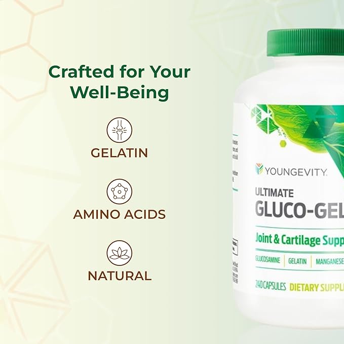 Youngevity Ultimate Gluco-Gel -for Tendons, Bones & Cartilage | Contains Glucosamine, Gelatin & Manganese | 240 Capsules | 1 Bottle