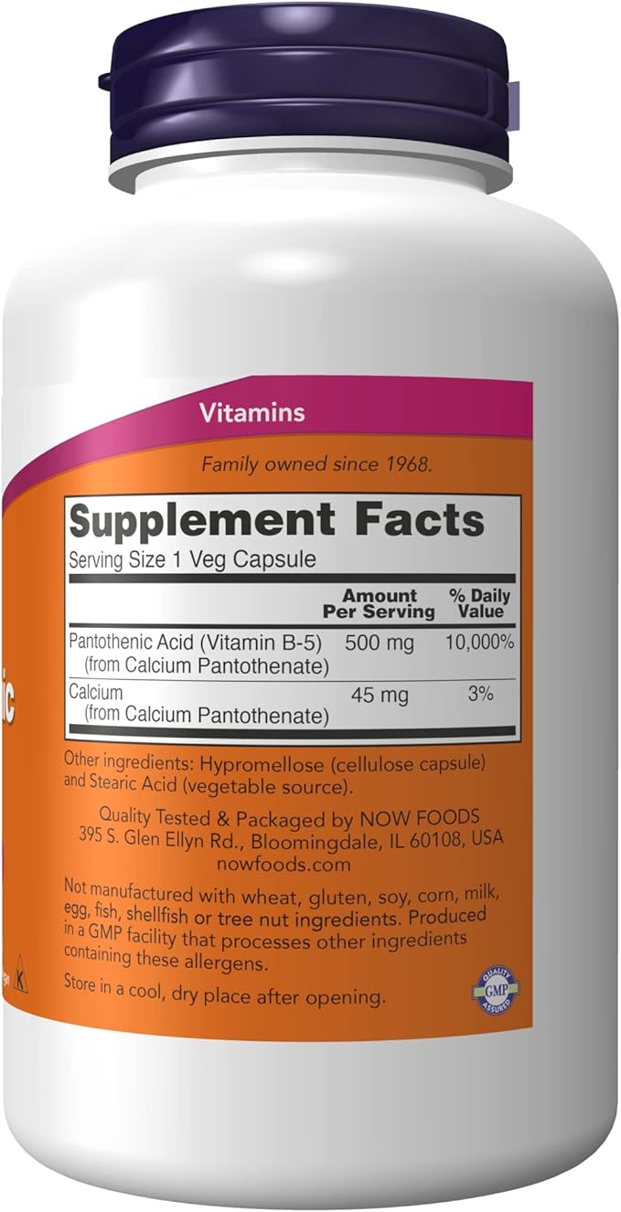 NOW Foods Supplements,Pantothenic Acid (Vitamin B-5) 500 mg,B-Complex Vitamin,250 Capsules (Pack of 2)