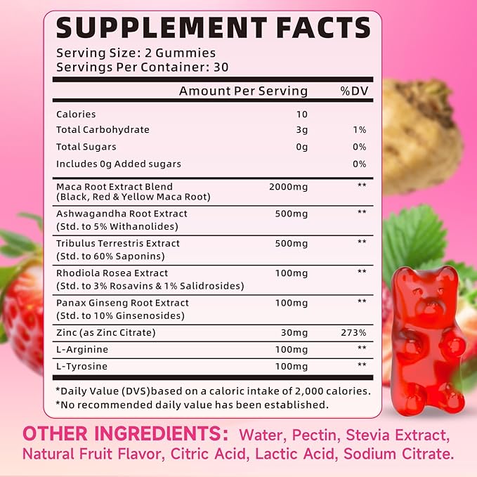 Maca Root Gummies for Women & Men, Organic Maca Root Supplement with Ashwagandha for Energy & Strength Support, Sugar-Free/Vegan/Non-GMO, Strawberry Flavor 120 Count
