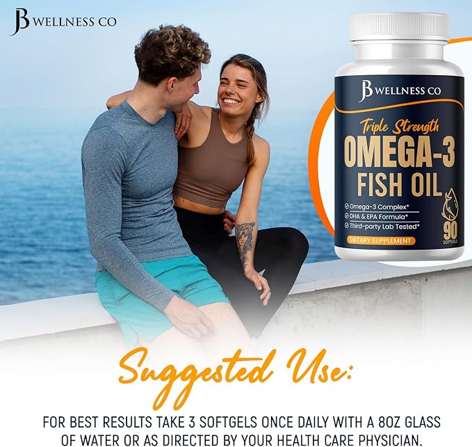 Triple Strength Omega 3 Fish Oil 3750 mg - EPA & DHA - Over 3000mg Omega-3 Fatty Acids - 1350mg EPA + 900mg DHA - Best Essential Fatty Acids, Burpless Fish Oil - 90 Count