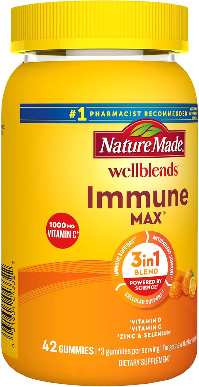 Nature Made Wellblends ImmuneMAX Gummies,Vitamin C,Zinc,and Vitamin D3,Immune Support Supplement,42 Tangerine Flavor Gummies,(Pack of 2)