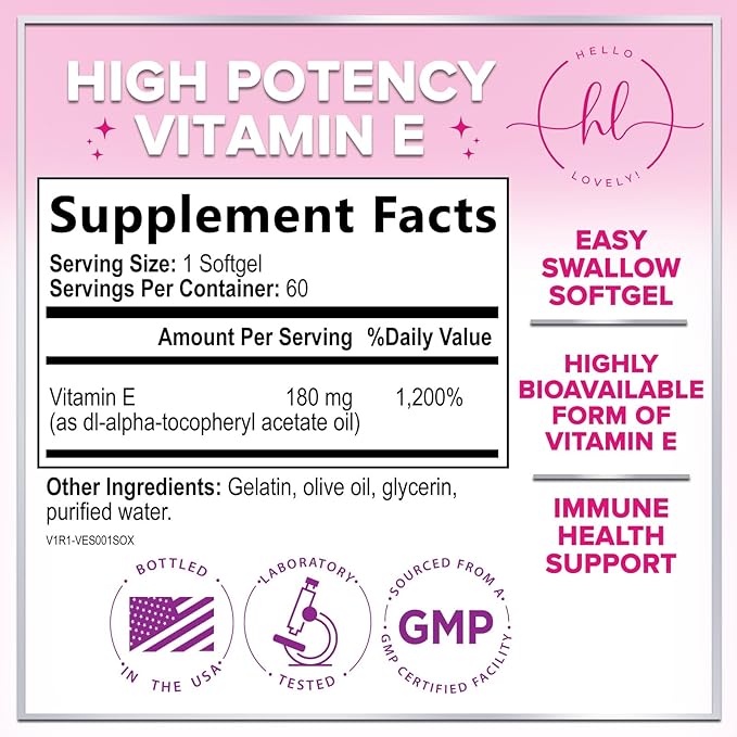 Vitamin E - 180 mg per Serving - Powerful Hair & Skin Support Supplement - dl-Alpha VitaminE Immune Health Support with Antioxidants - Easily Absorbed GMO & Gluten Free, Bottled in USA - 60 Softgels