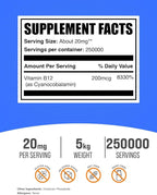 BulkSupplements.com Vitamin B12 Powder - as Cyanocobalamin, Vitamin B Supplement, Essential Vitamin - Gluten Free, 20mg per Serving, 5kg (11 lbs) (Pack of 5)