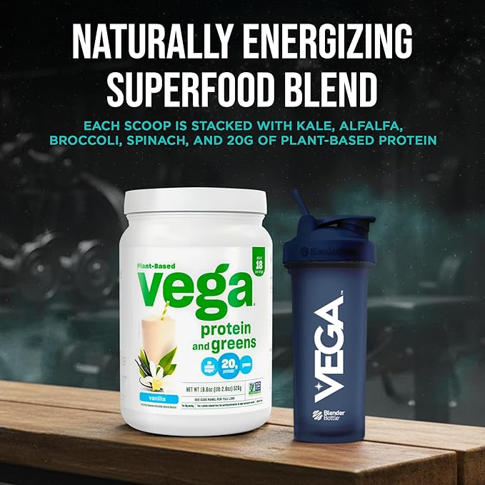 Vega Premium Protein + Supergreens, Vanilla – 20g Vegan Protein, Dairy & Gluten Free, 19.2 oz (18 Servings)