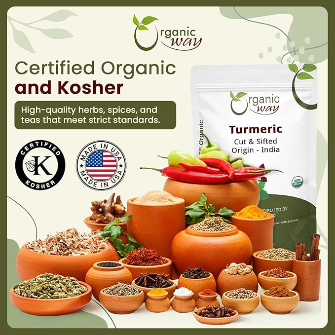 Organic Way Turmeric/Haldi Root Cut & Sifted (Curcuma Longa) - Herbal Tea | Kosher & USDA Certified | Vegan, Non-GMO & Gluten Free | Tested for Heavy Metal | 100% Raw from India (1/4LBS / 4Oz.)