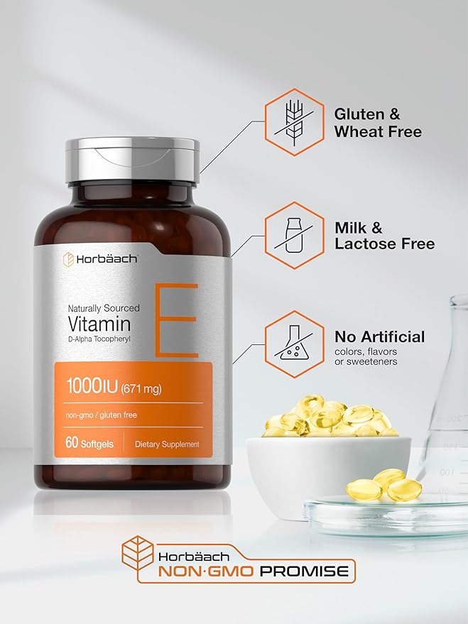 Horbäach Vitamin E 1000 iu Softgels | 671mg | 60 Count | Non-GMO and Gluten Free Naturally-Sourced Formula | D-Alpha Tocopherol