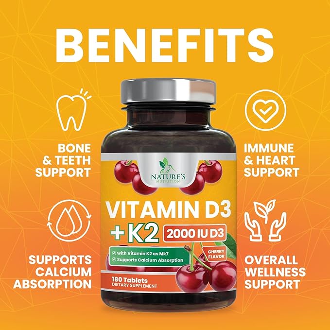 Vitamin D 2000 IU 50mcg Per Tablet - Vitamins D3 & K2 (MK7) Complex Supplement for Bone, Teeth, Muscle, Calcium Absorption, Supports Immune & Heart Health, Chewable Formula USA Bottled - 180 Tablets