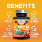 Vitamin D 2000 IU 50mcg Per Tablet - Vitamins D3 & K2 (MK7) Complex Supplement for Bone, Teeth, Muscle, Calcium Absorption, Supports Immune & Heart Health, Chewable Formula USA Bottled - 180 Tablets