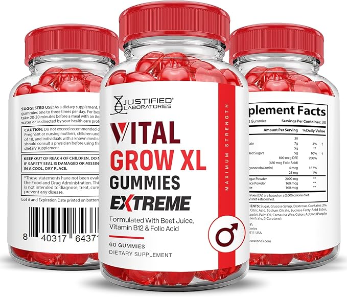 Justified Laboratories (5 Pack) Vital Grow XL Extreme 2000MG Performance Gummies Advanced Formula Formulated with ACV Pomegranate Beet Juice Powder B12 Vegan Non GMO 300 Gummys