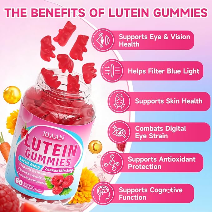 Lutein and Zeaxanthin Supplements, Lutein Gummies with Zeaxanthin,Vitamins A, C, E, Bilberry, Astaxanthin for Vision Health & Eye Strain, Sugar-Free/Vegan, Raspberry Flavor 120 Count