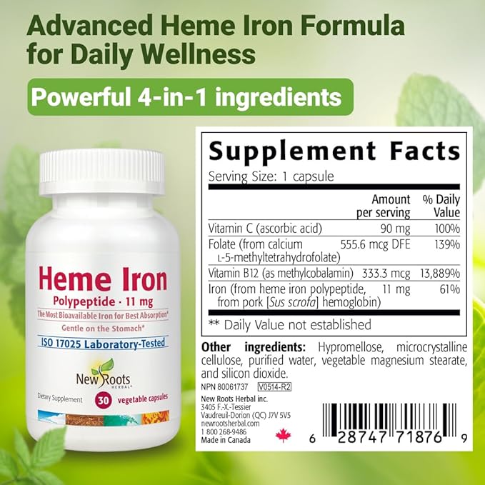 NEW ROOTS HERBAL Heme Iron Supplement | 4-in-1 Formula with Vitamin C, B12, Folate for Best Absorption | Raise Hemoglobin & Ferritin for Women & Men, Low-FODMAP (30 Capsules)