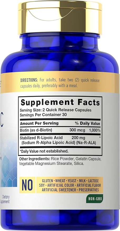 Carlyle R-Lipoic Acid 200mg | 60 Capsules | Stabilized RLA with Biotin | Non-GMO, Gluten Free